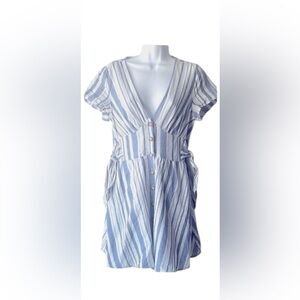 As U Wish Blue and White V-Neck Flutter Sleeve Sundress